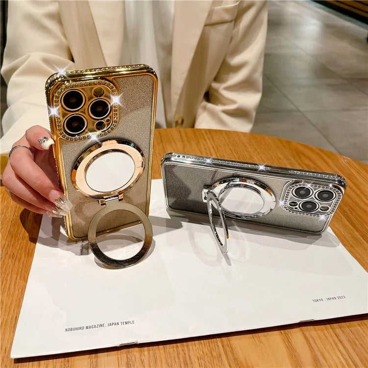 For iPhone 14 Pro Magnetic Phone Cover TPU Phone Case PC Kickstand Shell with Acrylic Mirror