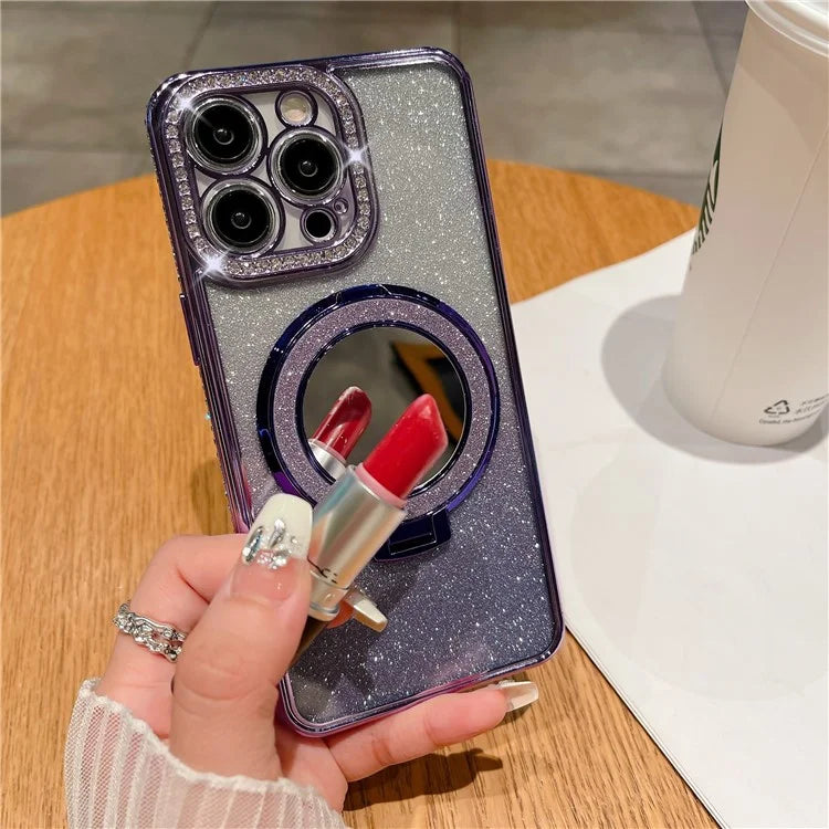 For iPhone 14 Pro Magnetic Phone Cover TPU Phone Case PC Kickstand Shell with Acrylic Mirror