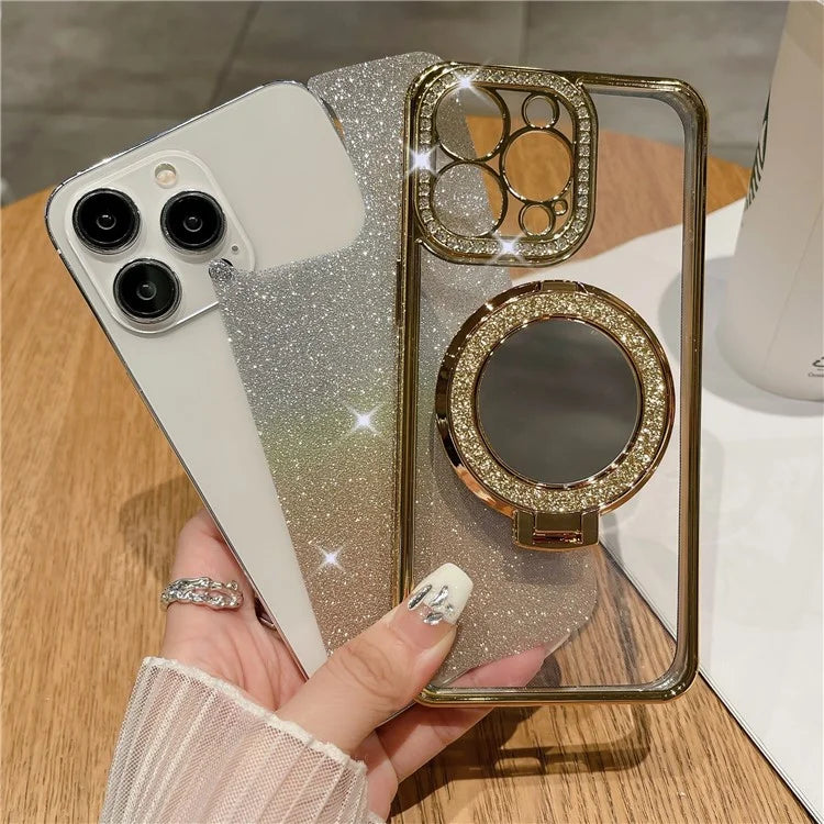 For iPhone 14 Pro Magnetic Phone Cover TPU Phone Case PC Kickstand Shell with Acrylic Mirror