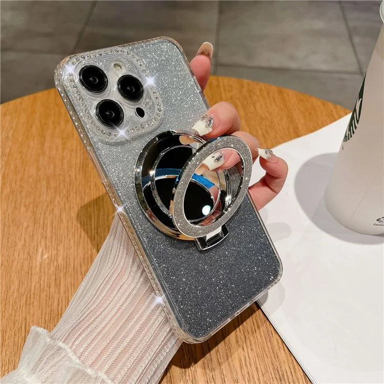 For iPhone 14 Pro Magnetic Phone Cover TPU Phone Case PC Kickstand Shell with Acrylic Mirror