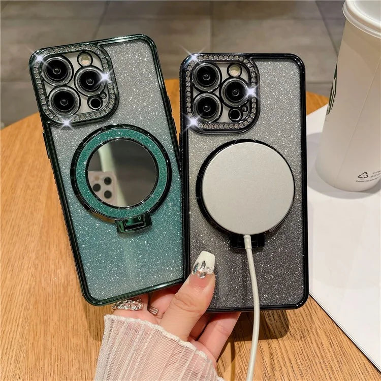For iPhone 14 Pro Magnetic Phone Cover TPU Phone Case PC Kickstand Shell with Acrylic Mirror