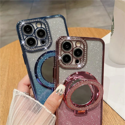 For iPhone 14 Pro Magnetic Phone Cover TPU Phone Case PC Kickstand Shell with Acrylic Mirror