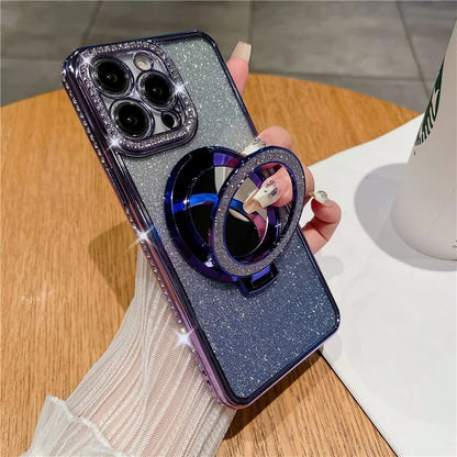 For iPhone 14 Pro Magnetic Phone Cover TPU Phone Case PC Kickstand Shell with Acrylic Mirror