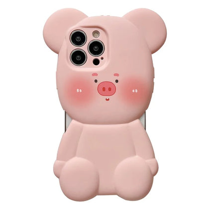 For iPhone 15 Pro Case Water Transfer Printing TPU 3D Pig Phone Cover