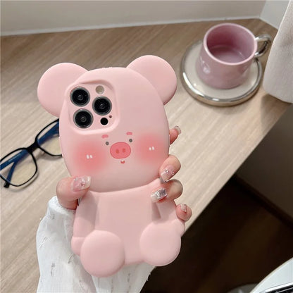 For iPhone 15 Pro Case Water Transfer Printing TPU 3D Pig Phone Cover