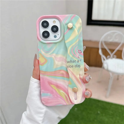 For iPhone 15 Pro TPU Case Water Transfer Printing Wristband Kickstand Wrinkled Phone Cover