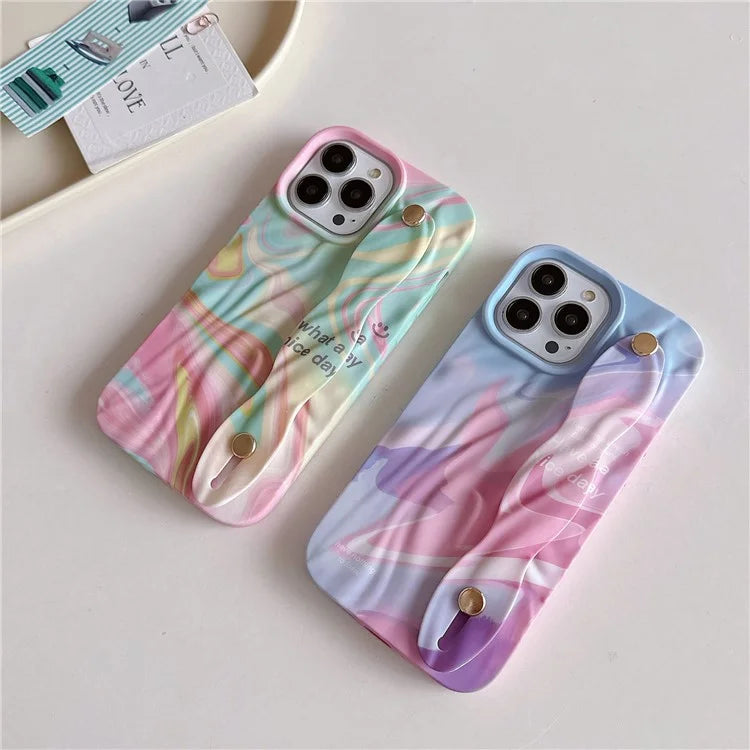 For iPhone 15 Pro TPU Case Water Transfer Printing Wristband Kickstand Wrinkled Phone Cover