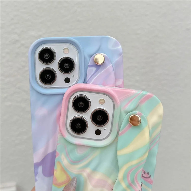 For iPhone 15 Pro TPU Case Water Transfer Printing Wristband Kickstand Wrinkled Phone Cover