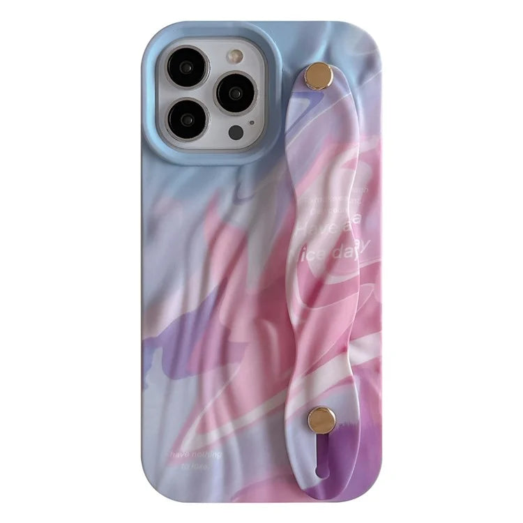 For iPhone 15 Pro TPU Case Water Transfer Printing Wristband Kickstand Wrinkled Phone Cover