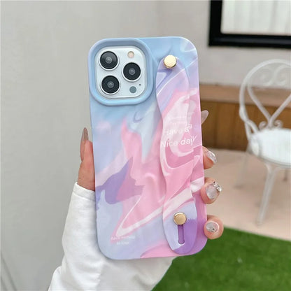 For iPhone 15 Pro TPU Case Water Transfer Printing Wristband Kickstand Wrinkled Phone Cover