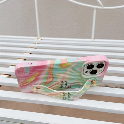 For iPhone 15 Pro TPU Case Water Transfer Printing Wristband Kickstand Wrinkled Phone Cover