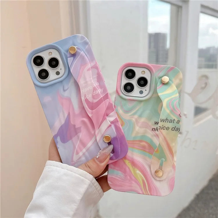 For iPhone 15 Pro TPU Case Water Transfer Printing Wristband Kickstand Wrinkled Phone Cover
