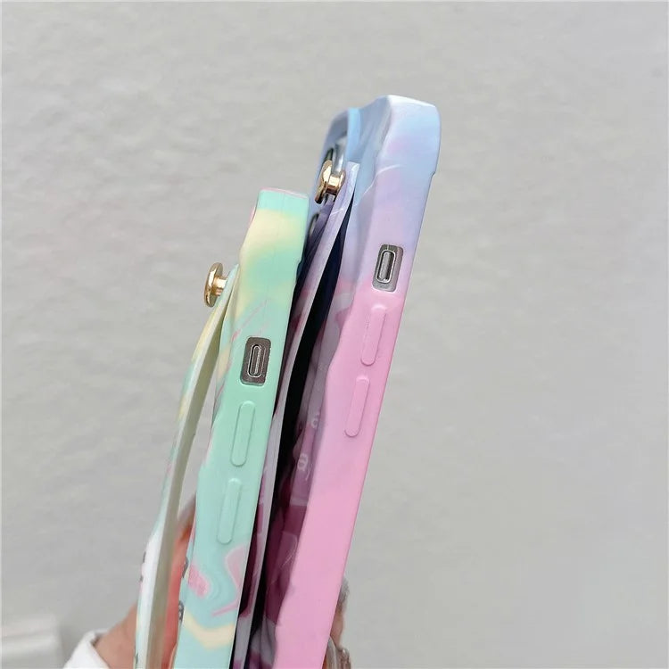 For iPhone 15 Pro TPU Case Water Transfer Printing Wristband Kickstand Wrinkled Phone Cover