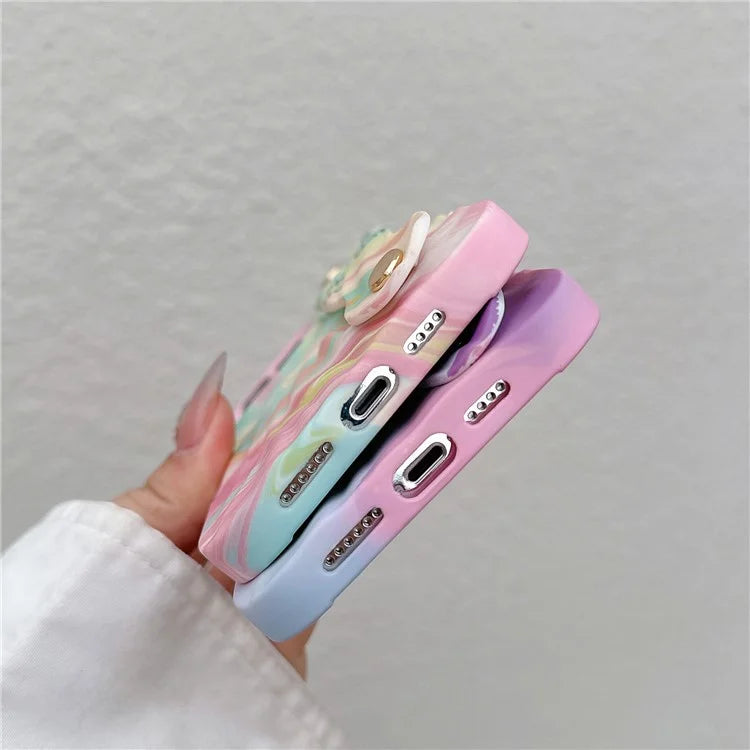 For iPhone 15 Pro TPU Case Water Transfer Printing Wristband Kickstand Wrinkled Phone Cover