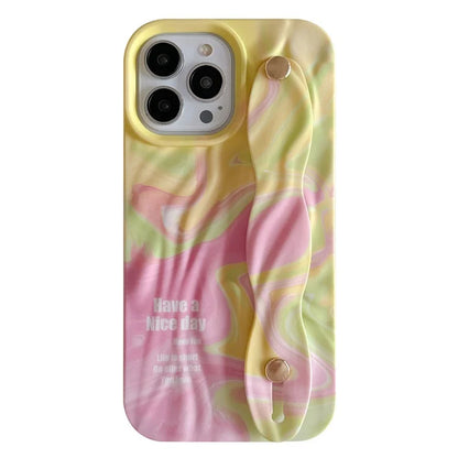 For iPhone 15 Pro TPU Case Water Transfer Printing Wristband Kickstand Wrinkled Phone Cover