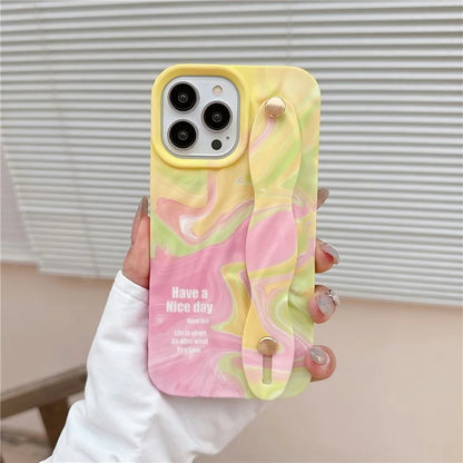 For iPhone 15 Pro TPU Case Water Transfer Printing Wristband Kickstand Wrinkled Phone Cover