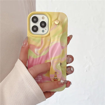 For iPhone 15 Pro TPU Case Water Transfer Printing Wristband Kickstand Wrinkled Phone Cover