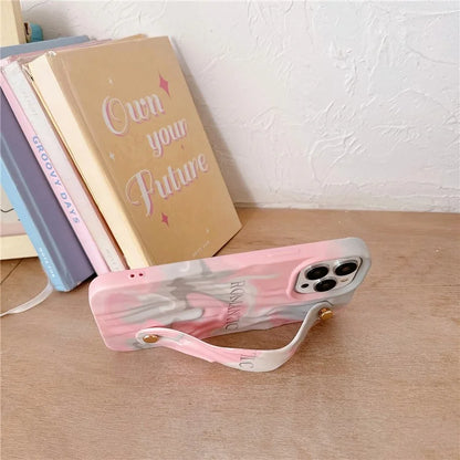 For iPhone 15 Pro TPU Case Water Transfer Printing Wristband Kickstand Wrinkled Phone Cover