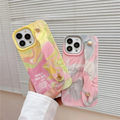 For iPhone 15 Pro TPU Case Water Transfer Printing Wristband Kickstand Wrinkled Phone Cover