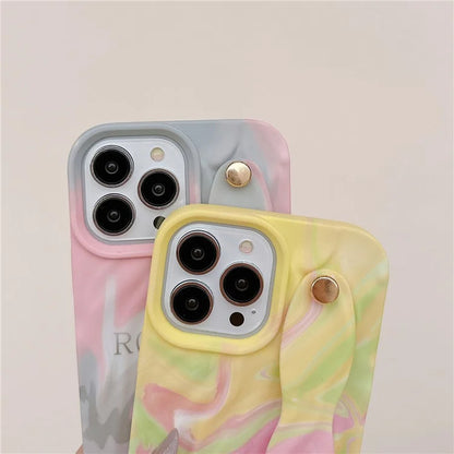 For iPhone 15 Pro TPU Case Water Transfer Printing Wristband Kickstand Wrinkled Phone Cover