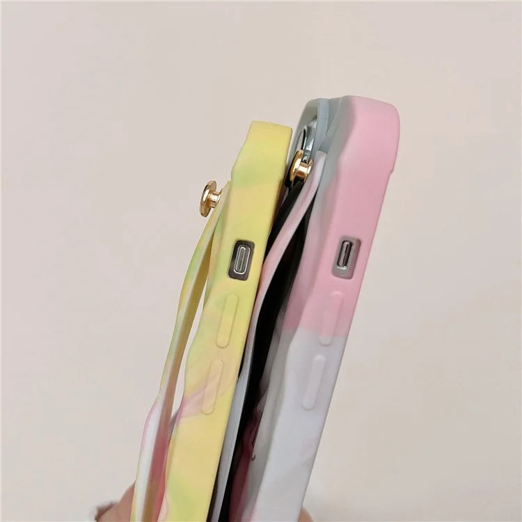 For iPhone 15 Pro TPU Case Water Transfer Printing Wristband Kickstand Wrinkled Phone Cover