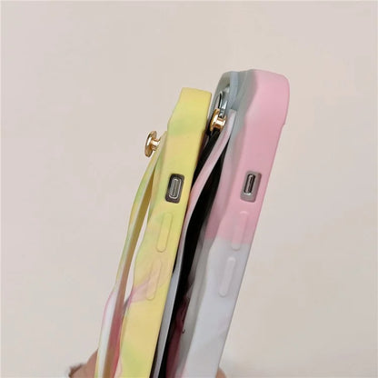 For iPhone 15 Pro TPU Case Water Transfer Printing Wristband Kickstand Wrinkled Phone Cover
