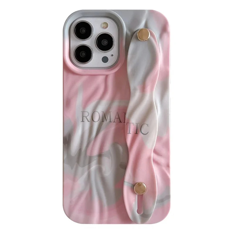 For iPhone 15 Pro TPU Case Water Transfer Printing Wristband Kickstand Wrinkled Phone Cover