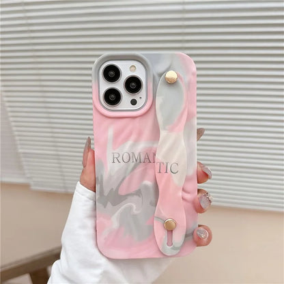 For iPhone 15 Pro TPU Case Water Transfer Printing Wristband Kickstand Wrinkled Phone Cover