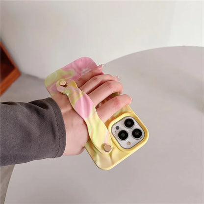 For iPhone 15 Pro TPU Case Water Transfer Printing Wristband Kickstand Wrinkled Phone Cover
