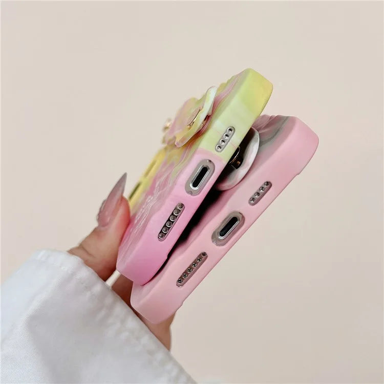 For iPhone 15 Pro TPU Case Water Transfer Printing Wristband Kickstand Wrinkled Phone Cover