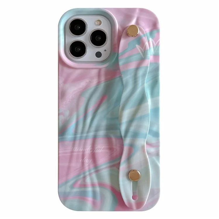 For iPhone 15 Pro TPU Case Water Transfer Printing Wristband Kickstand Wrinkled Phone Cover
