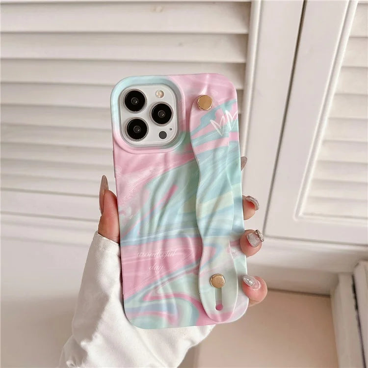 For iPhone 15 Pro TPU Case Water Transfer Printing Wristband Kickstand Wrinkled Phone Cover