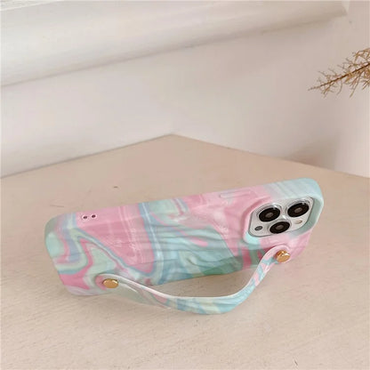 For iPhone 15 Pro TPU Case Water Transfer Printing Wristband Kickstand Wrinkled Phone Cover