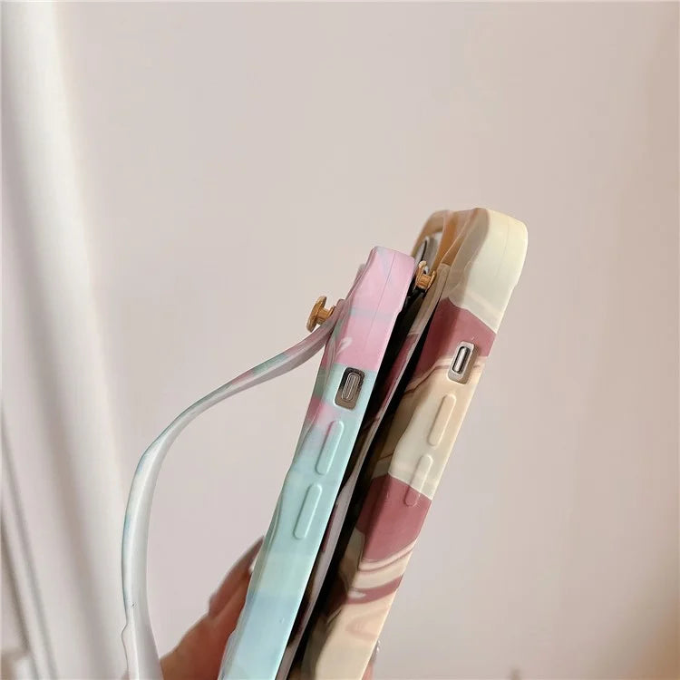 For iPhone 15 Pro TPU Case Water Transfer Printing Wristband Kickstand Wrinkled Phone Cover