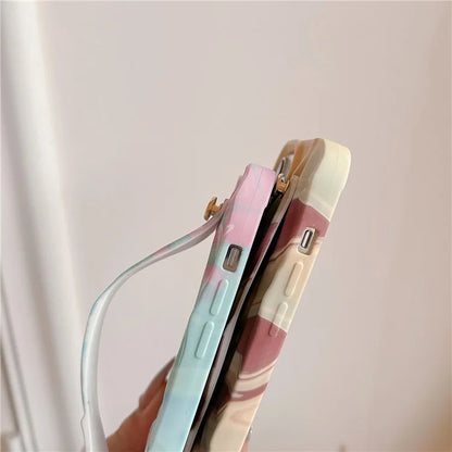 For iPhone 15 Pro TPU Case Water Transfer Printing Wristband Kickstand Wrinkled Phone Cover