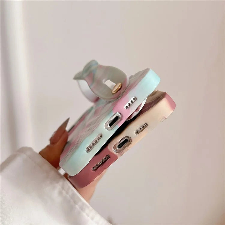 For iPhone 15 Pro TPU Case Water Transfer Printing Wristband Kickstand Wrinkled Phone Cover