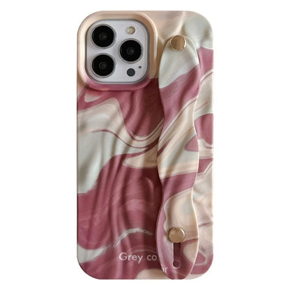 For iPhone 15 Pro TPU Case Water Transfer Printing Wristband Kickstand Wrinkled Phone Cover