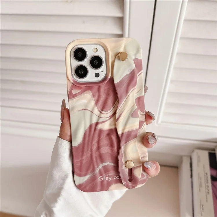 For iPhone 15 Pro TPU Case Water Transfer Printing Wristband Kickstand Wrinkled Phone Cover