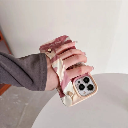 For iPhone 15 Pro TPU Case Water Transfer Printing Wristband Kickstand Wrinkled Phone Cover