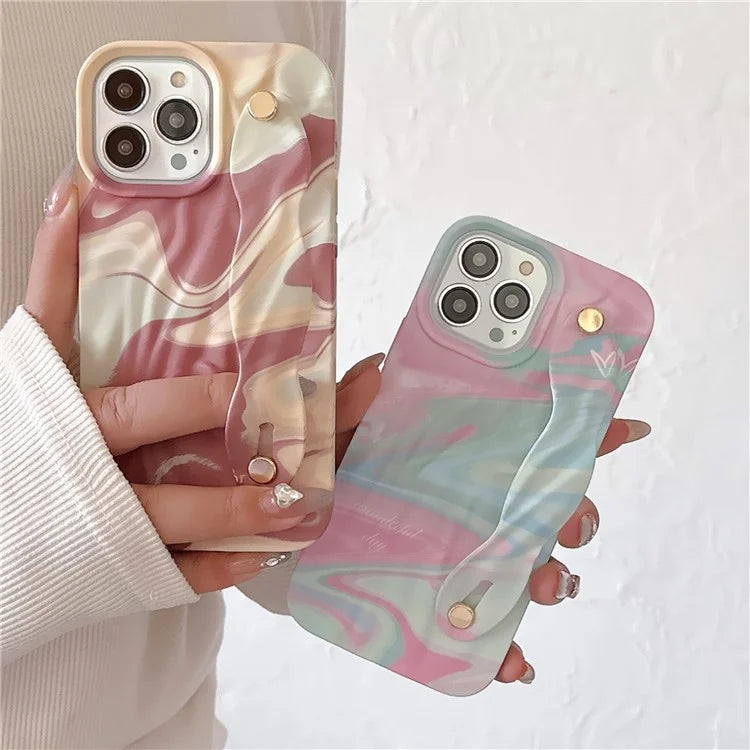 For iPhone 15 Pro TPU Case Water Transfer Printing Wristband Kickstand Wrinkled Phone Cover