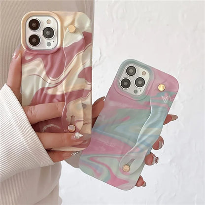 For iPhone 15 Pro TPU Case Water Transfer Printing Wristband Kickstand Wrinkled Phone Cover