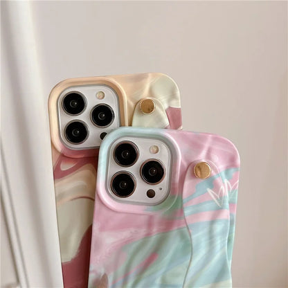 For iPhone 15 Pro TPU Case Water Transfer Printing Wristband Kickstand Wrinkled Phone Cover
