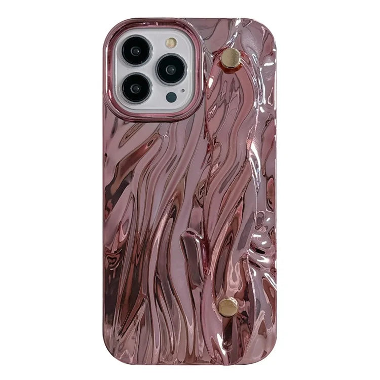 For iPhone 15 Pro Max Case Wrinkled TPU Electroplating Phone Cover with Wristband