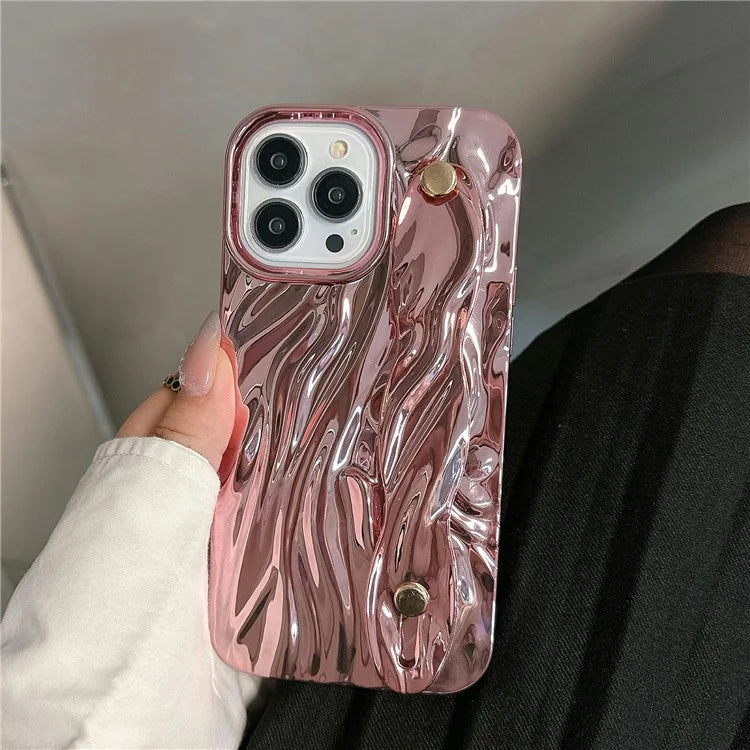 For iPhone 15 Pro Max Case Wrinkled TPU Electroplating Phone Cover with Wristband