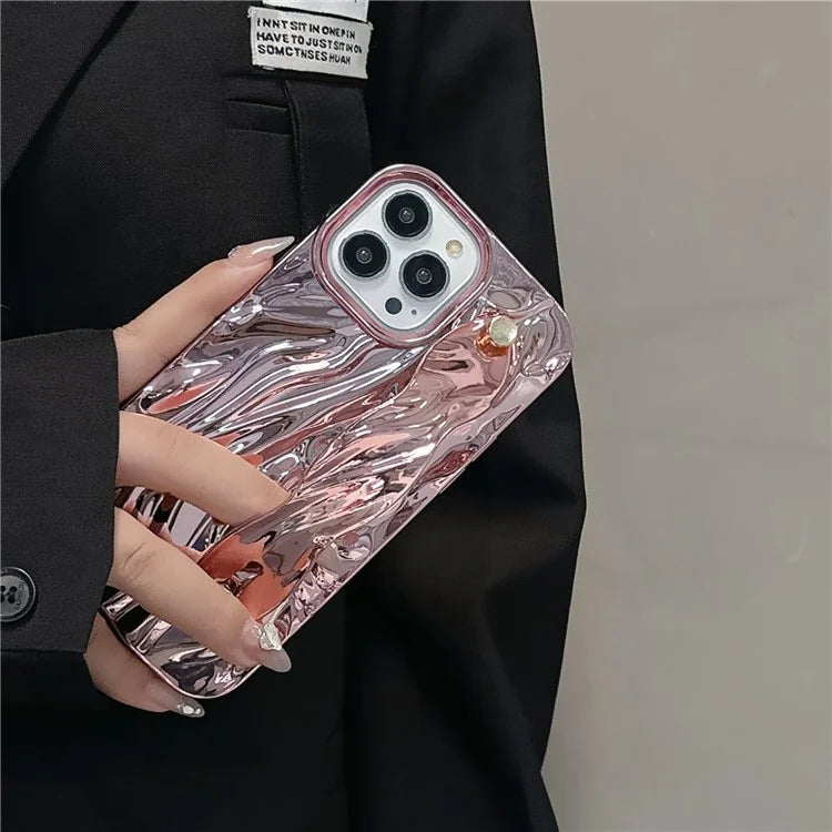 For iPhone 15 Pro Max Case Wrinkled TPU Electroplating Phone Cover with Wristband