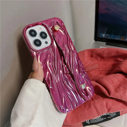 For iPhone 15 Pro Max Case Wrinkled TPU Electroplating Phone Cover with Wristband