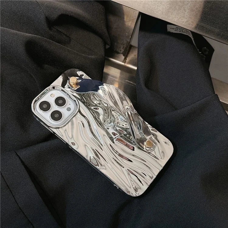 For iPhone 15 Pro Max Case Wrinkled TPU Electroplating Phone Cover with Wristband