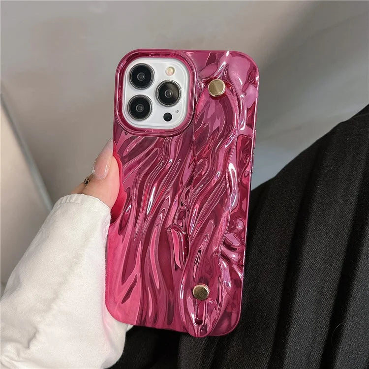 For iPhone 15 Pro Electroplating Phone Case Wristband Kickstand Wrinkled TPU Cover
