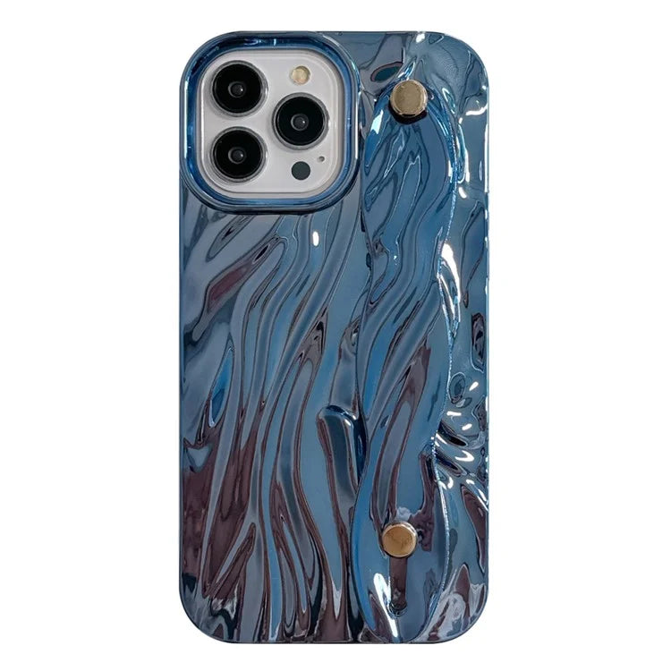 For iPhone 15 Pro Electroplating Phone Case Wristband Kickstand Wrinkled TPU Cover