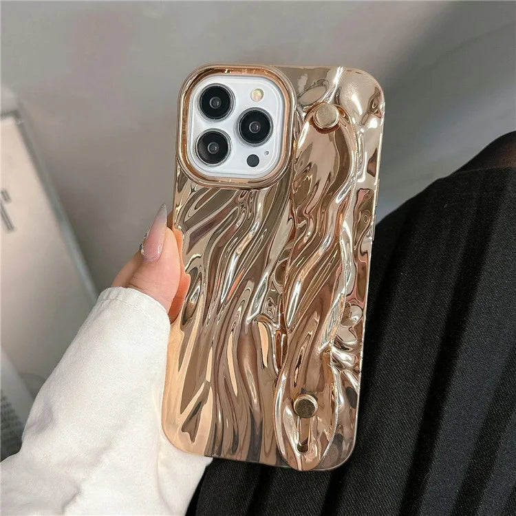 For iPhone 15 Pro Electroplating Phone Case Wristband Kickstand Wrinkled TPU Cover